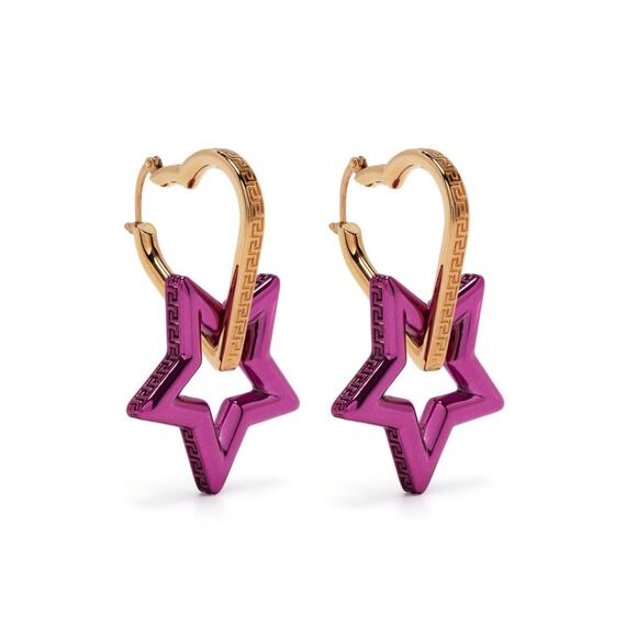 NIB Versace Heart Star Charm Greca Engraved Funky Gold Pink Hoop Earrings $925 - Picture 3 of 12